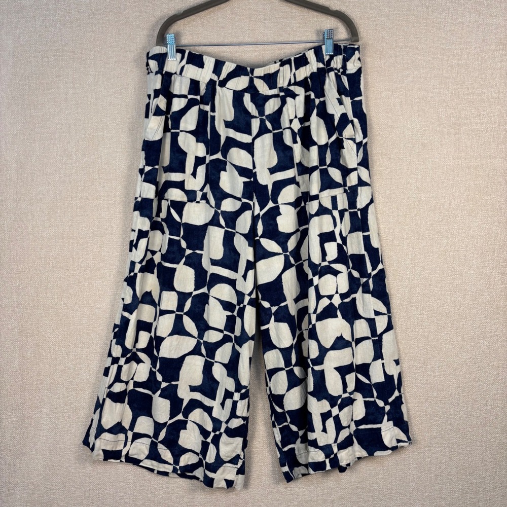 Sonoma Pants Size Plus OX Blue Off-White Geometric Linen Blend Wide Leg Crop